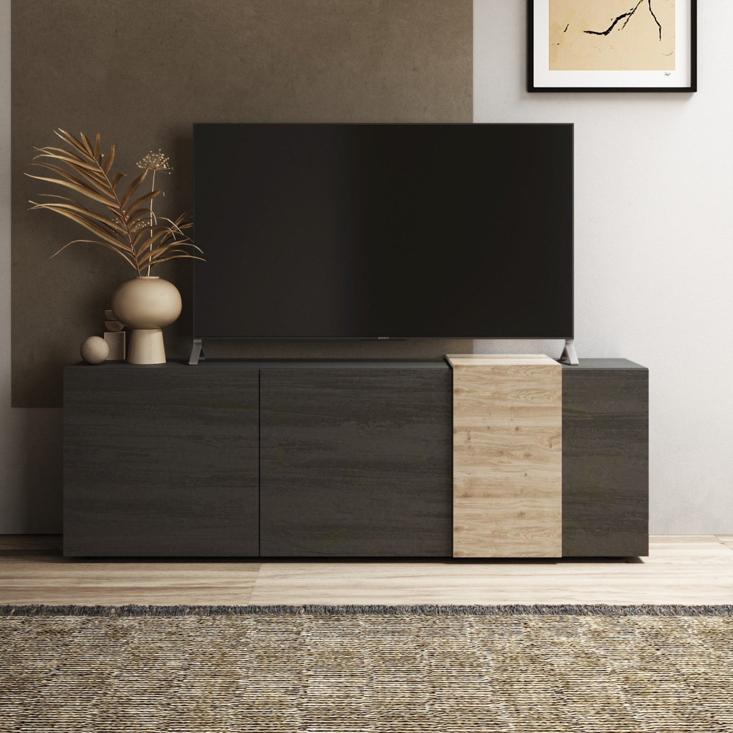 Vinovo TV Stand, Three Doors - Dark Brown and Light Oak Finish