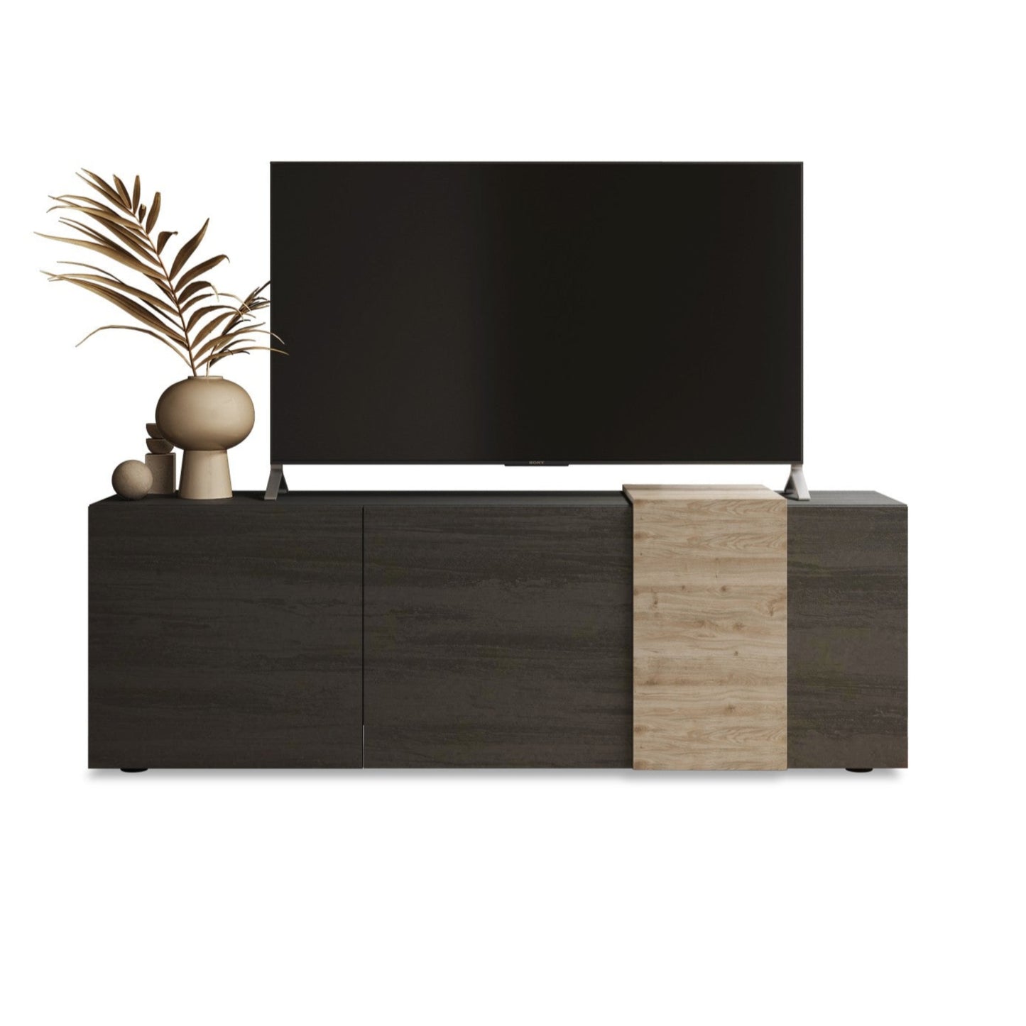 Vinovo TV Stand, Three Doors - Dark Brown and Light Oak Finish