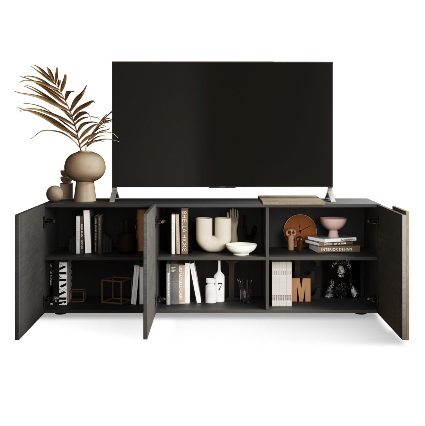 Vinovo TV Stand, Three Doors - Dark Brown and Light Oak Finish