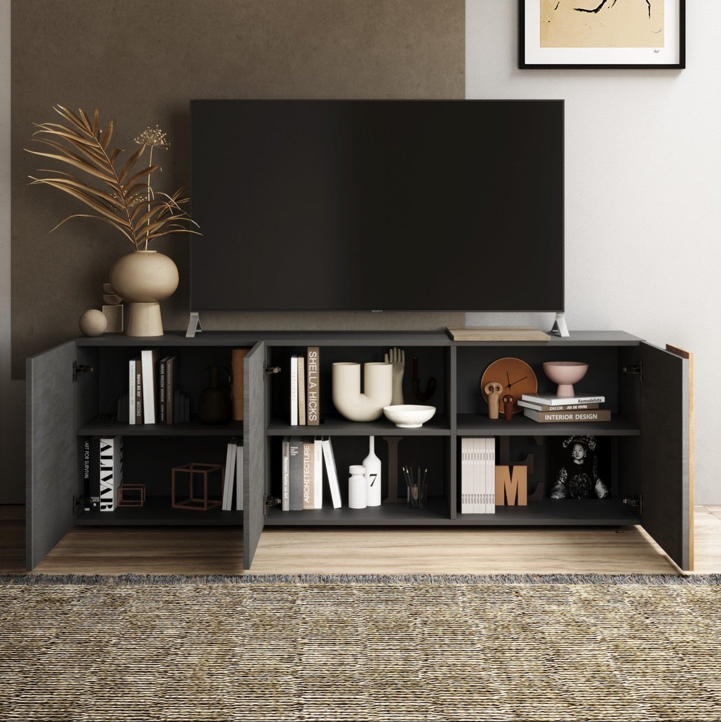 Vinovo TV Stand, Three Doors - Dark Brown and Light Oak Finish