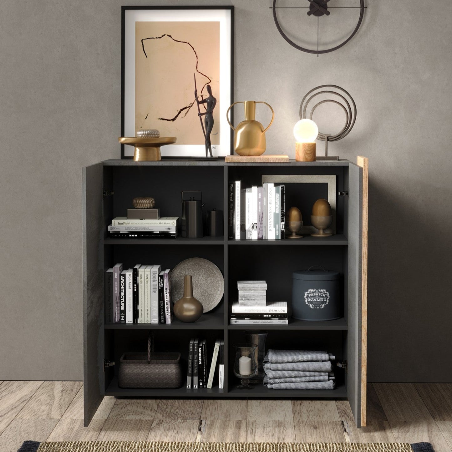 Vinovo High Sideboard, Two Doors - Dark Brown and Light Oak Finish