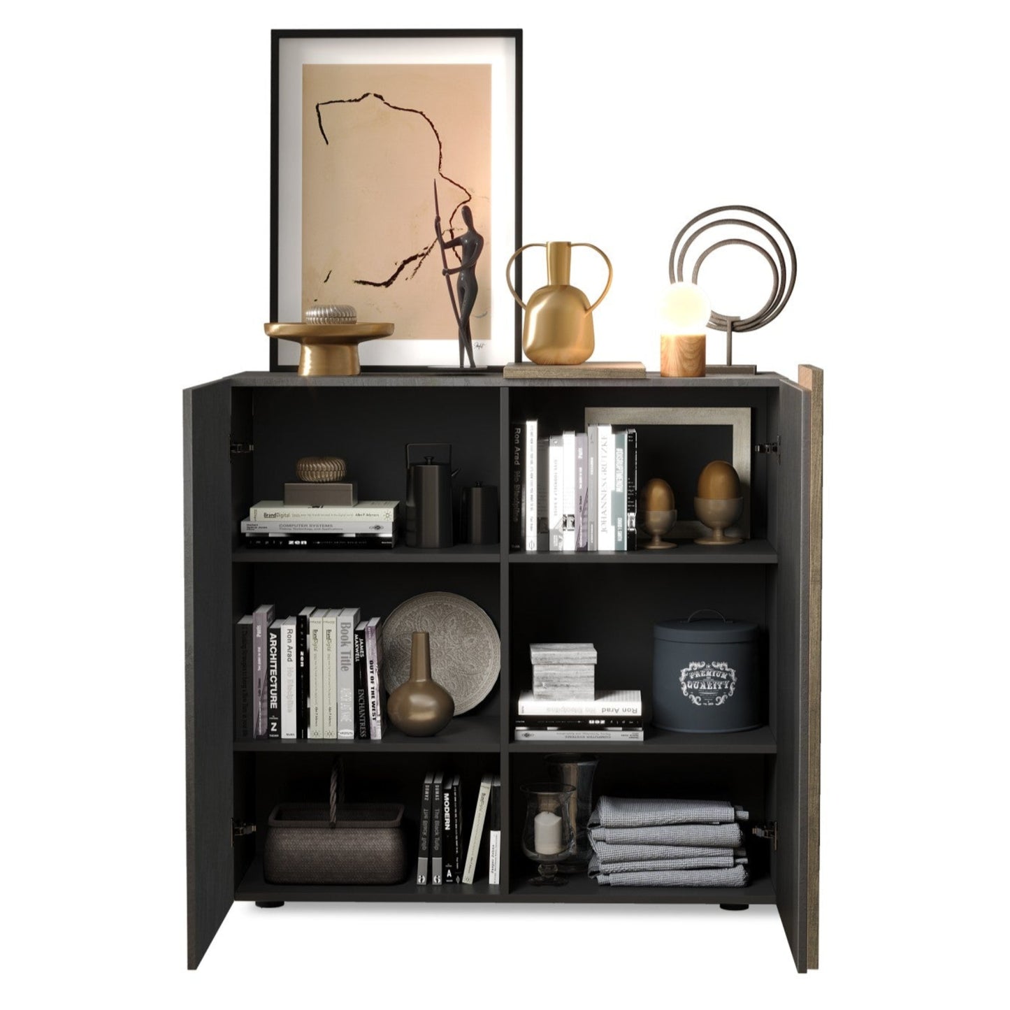 Vinovo High Sideboard, Two Doors - Dark Brown and Light Oak Finish