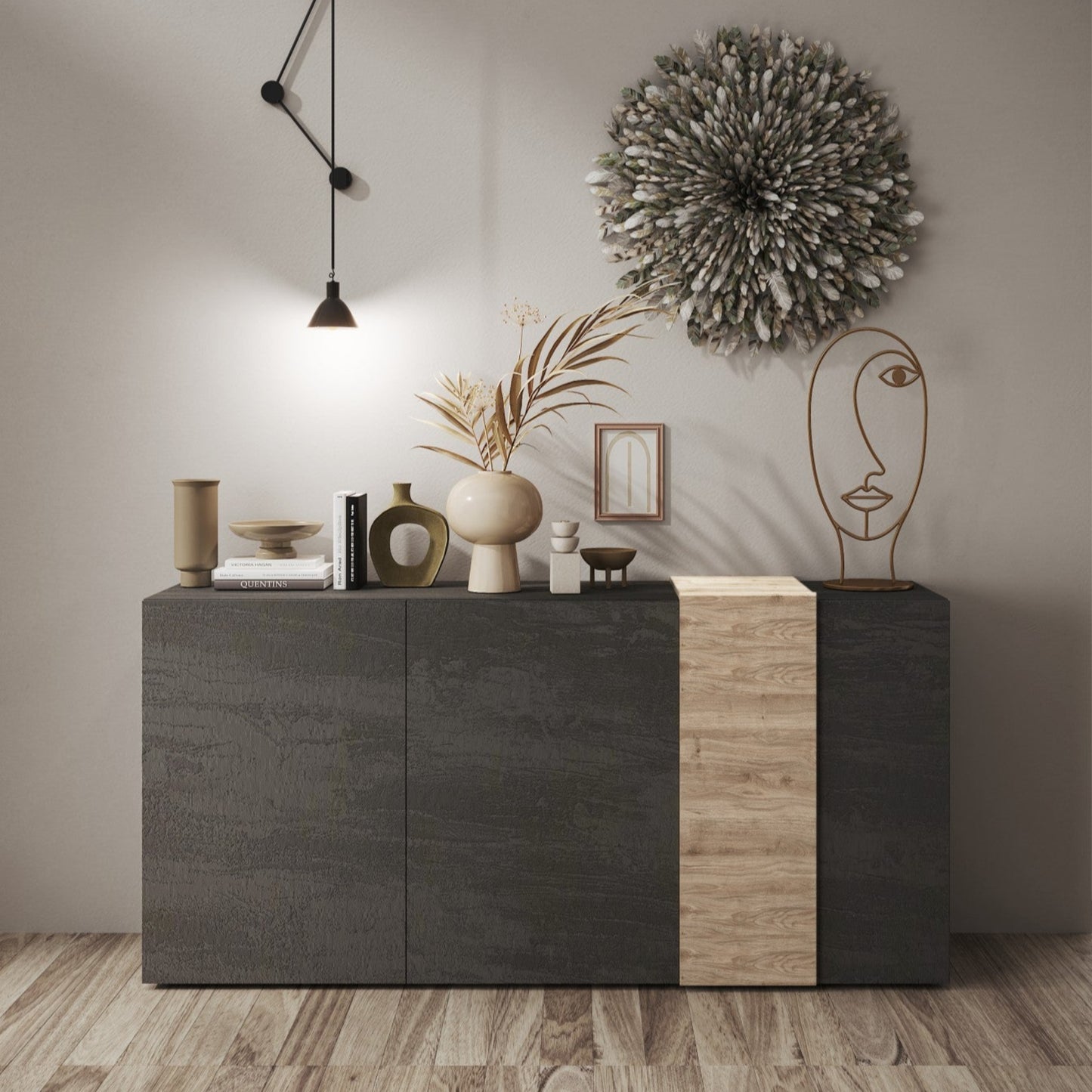 Vinovo Sideboard, Three Doors - Dark Brown and Light Oak Finish