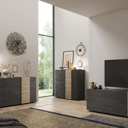 Vinovo High Sideboard, Two Doors - Dark Brown and Light Oak Finish