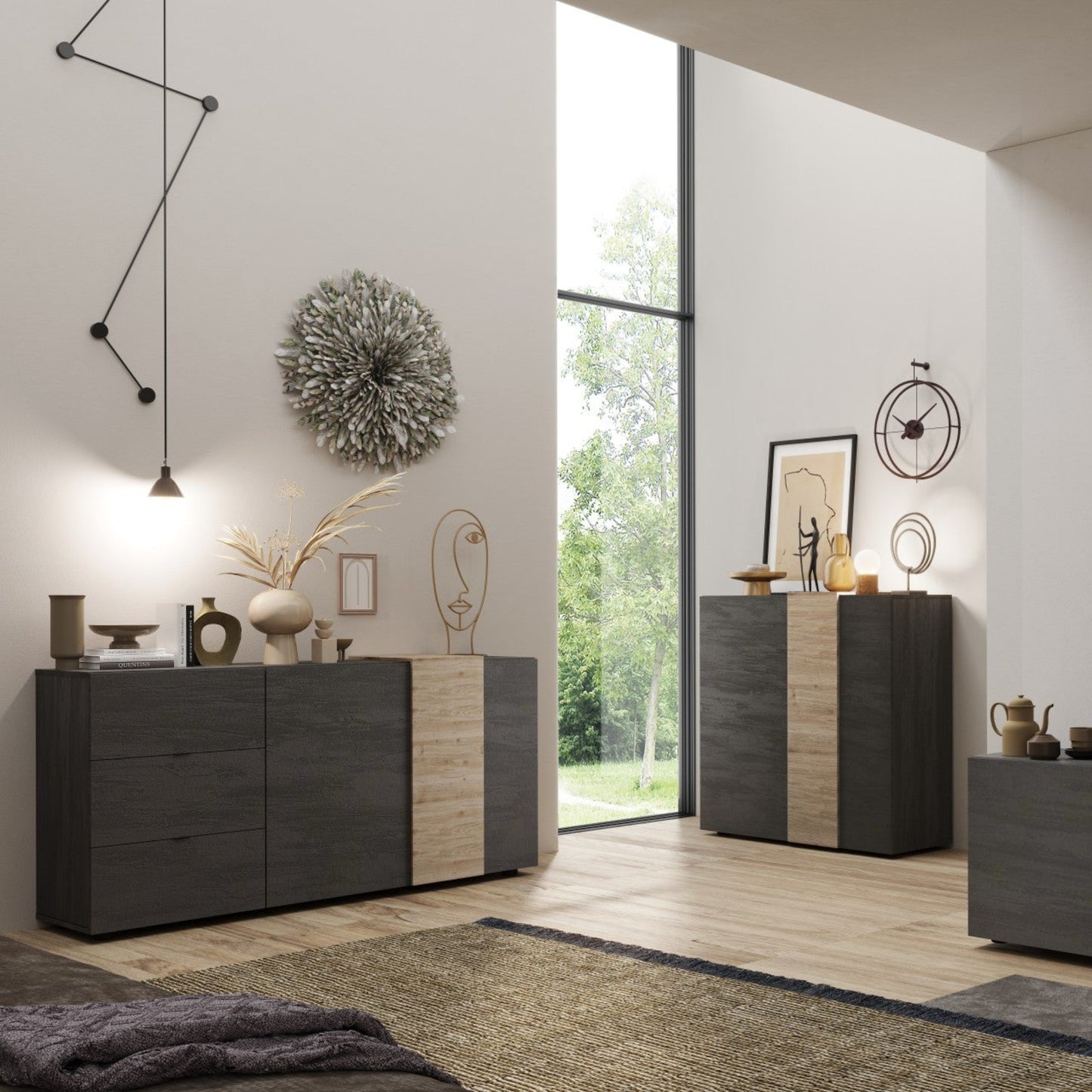 Vinovo Sideboard, Two Doors, Three Drawers - Dark Brown and Light Oak Finish