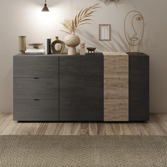 Vinovo Sideboard, Two Doors, Three Drawers - Dark Brown and Light Oak Finish