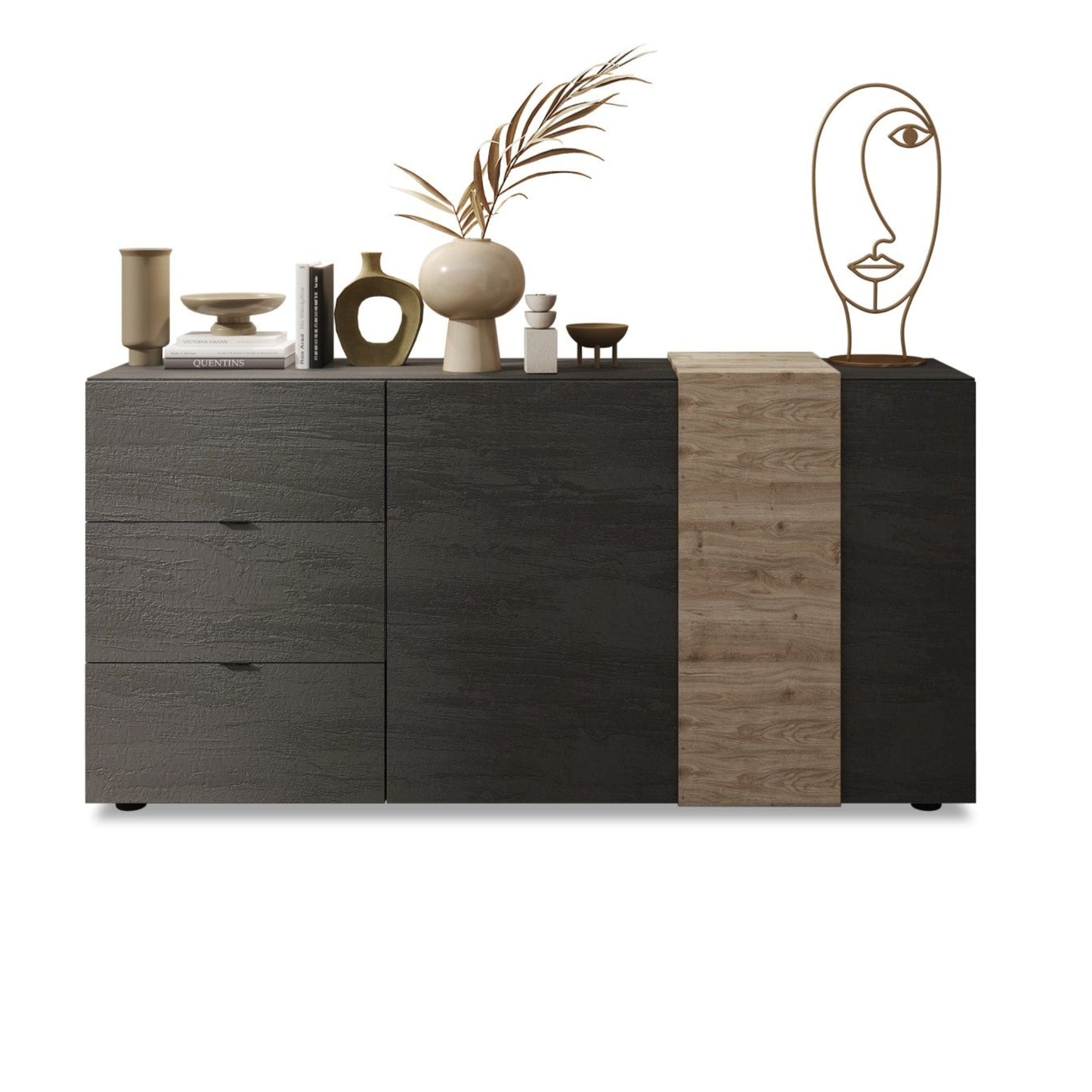 Vinovo Sideboard, Two Doors, Three Drawers - Dark Brown and Light Oak Finish