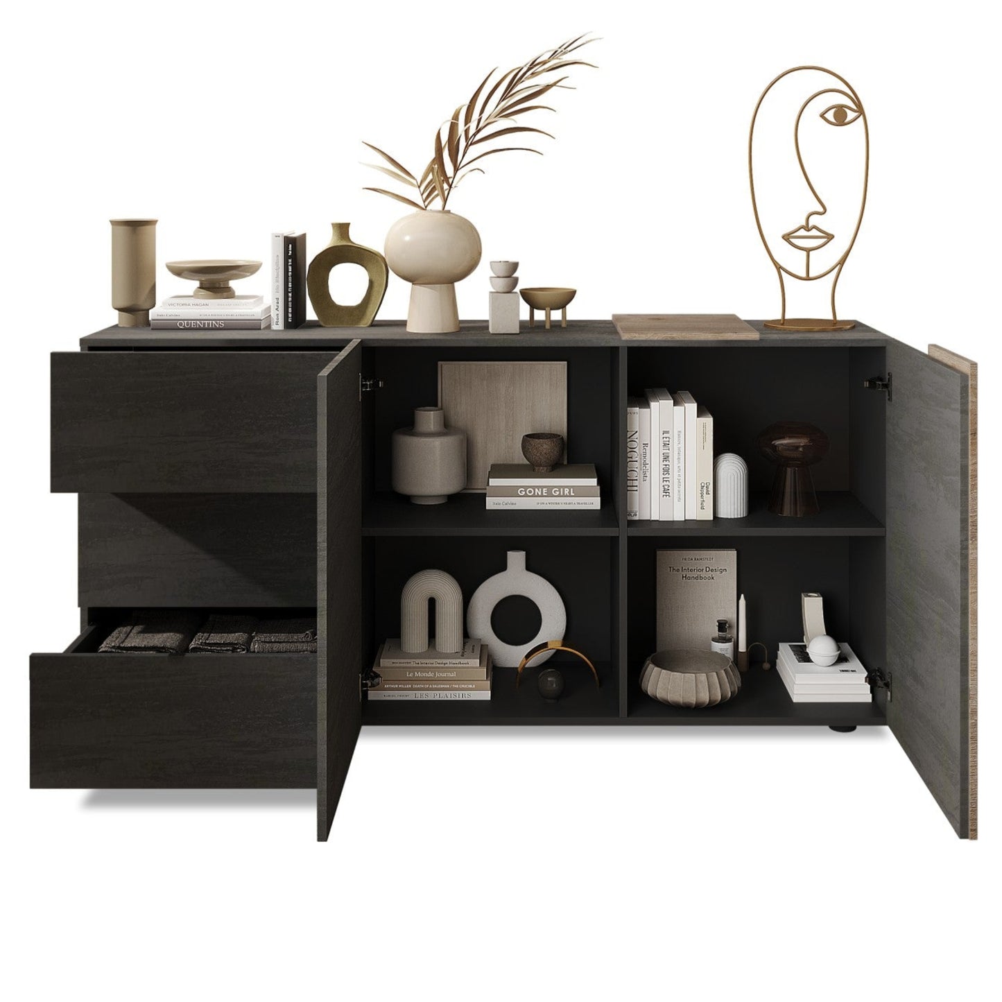 Vinovo Sideboard, Two Doors, Three Drawers - Dark Brown and Light Oak Finish