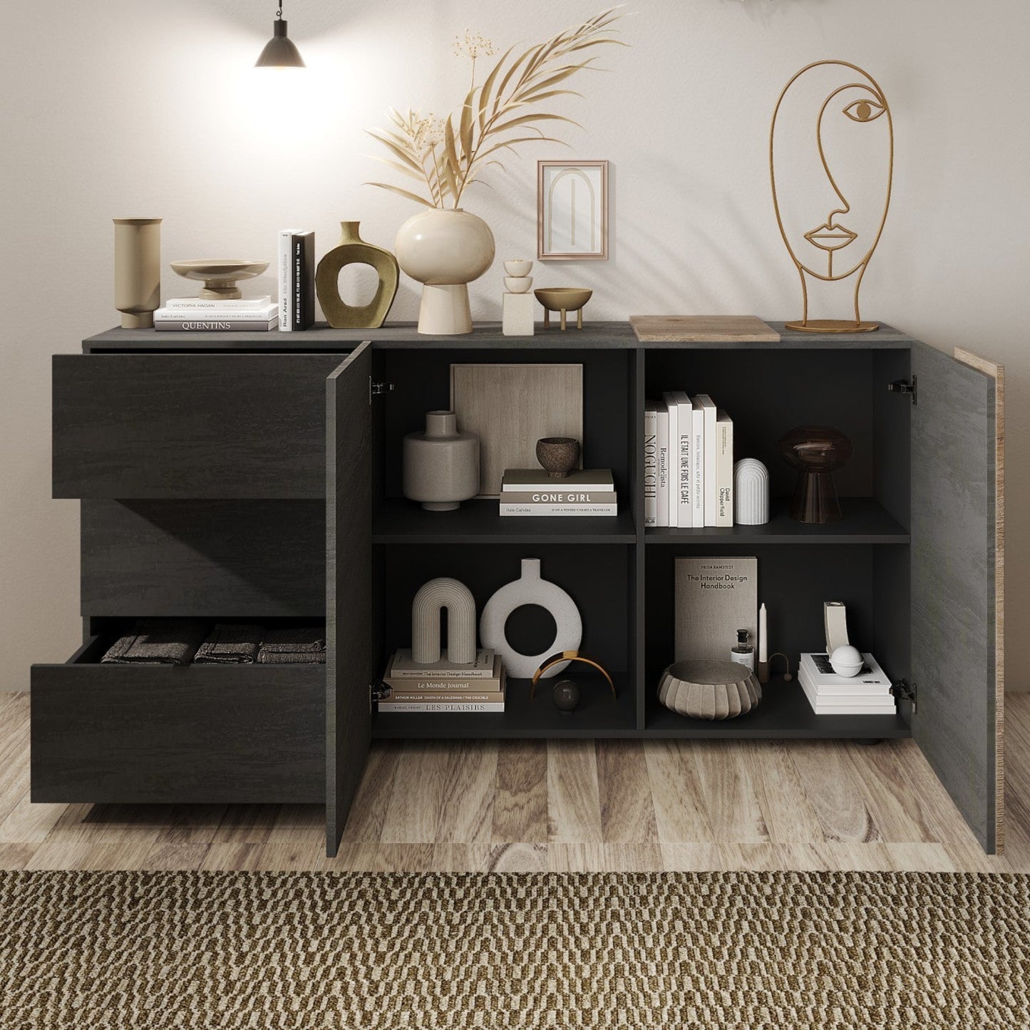 Vinovo Sideboard, Two Doors, Three Drawers - Dark Brown and Light Oak Finish