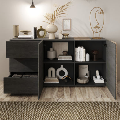 Vinovo Sideboard, Two Doors, Three Drawers - Dark Brown and Light Oak Finish