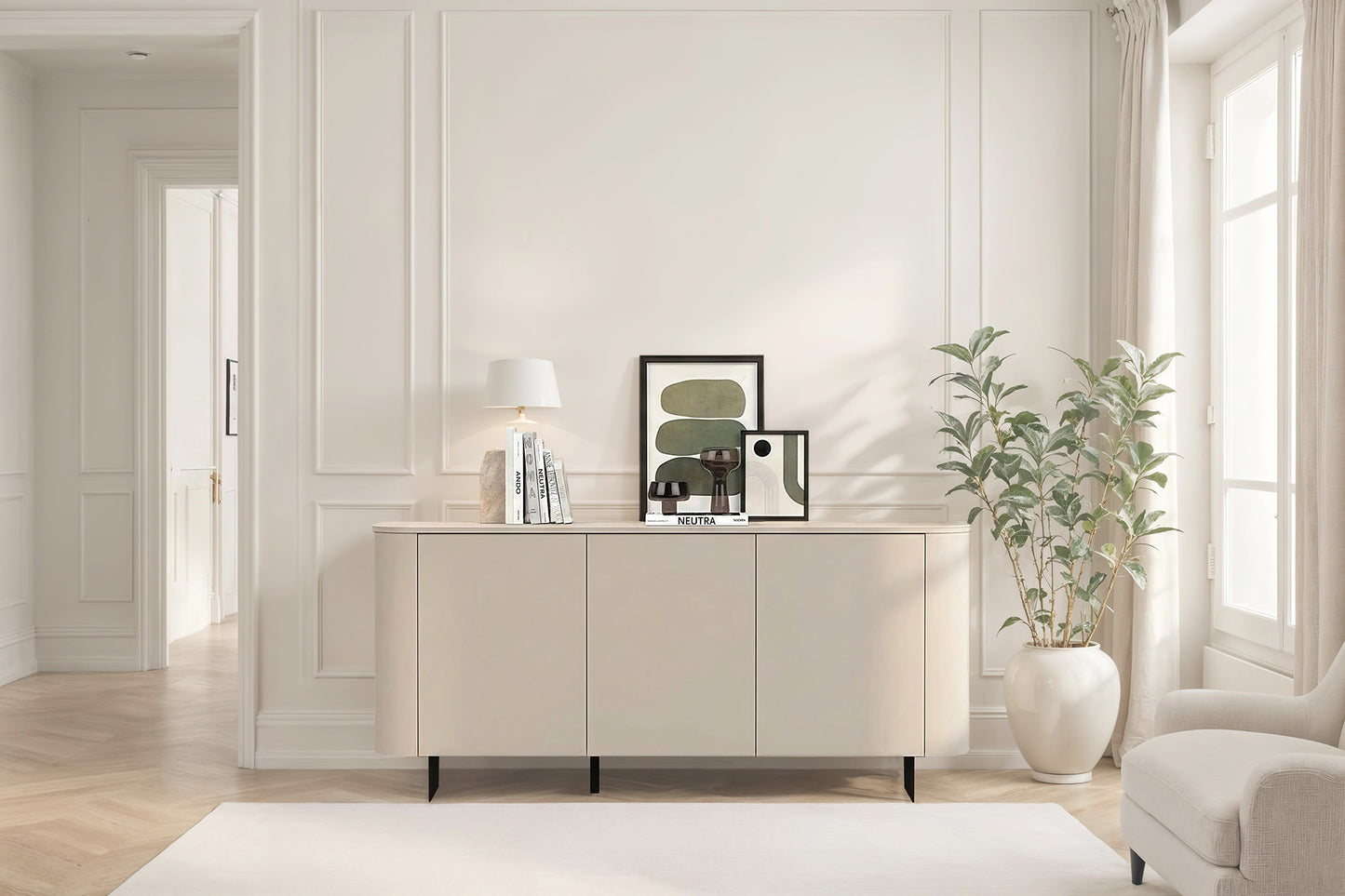 White Glass Top & Cashmere Taupe Three Door Sideboard - Ortega Collection