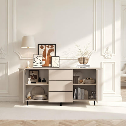 Modern interior design with a sideboard, decor items, and a chair.