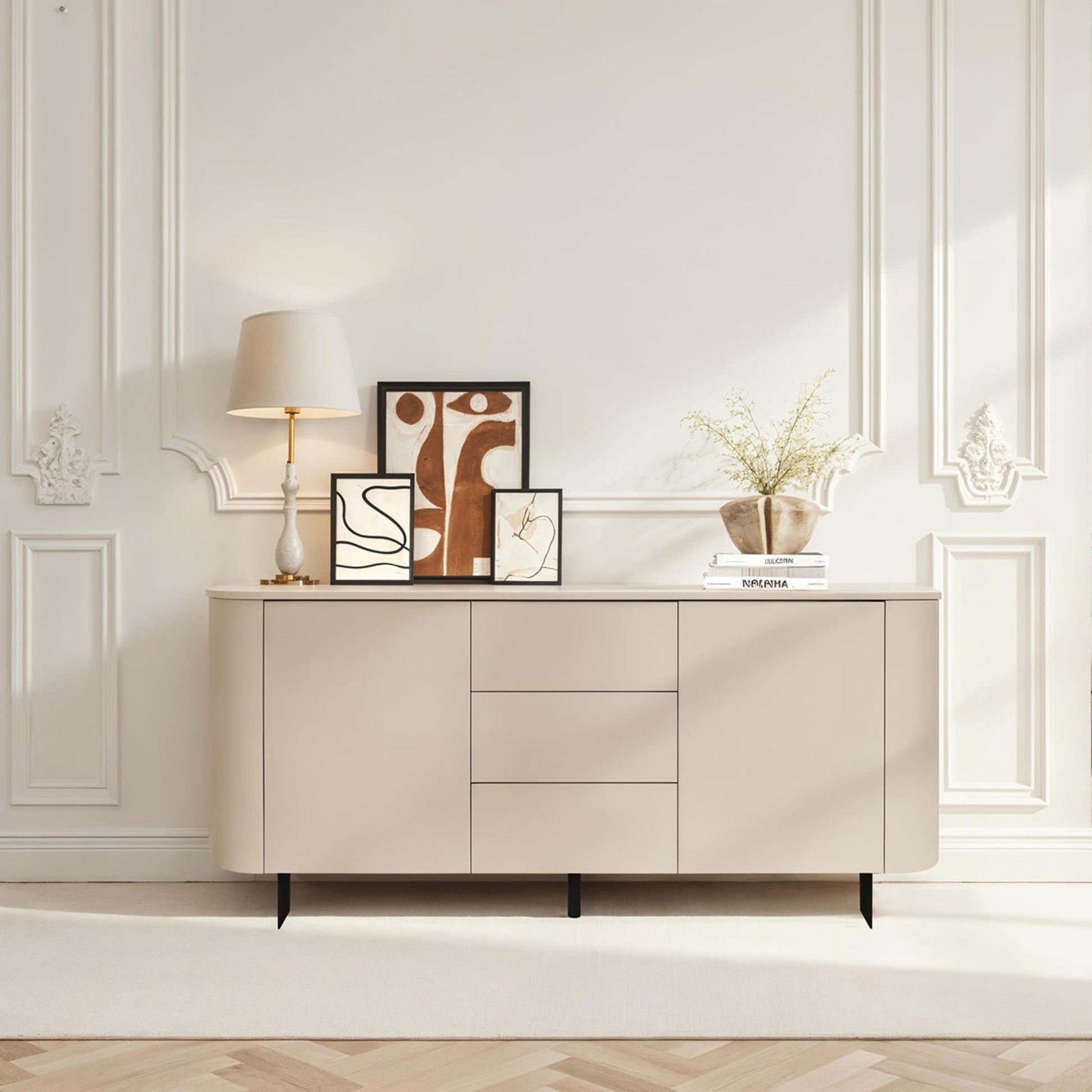 Beige sideboard in a stylish living room with decor elements.