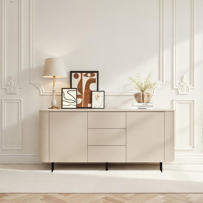 Beige sideboard in a stylish living room with decor elements.