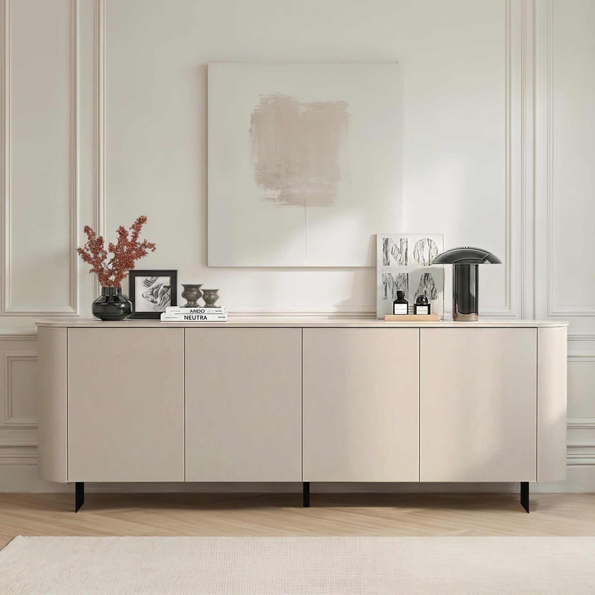 Modern sideboard in a stylish living room with decor items.