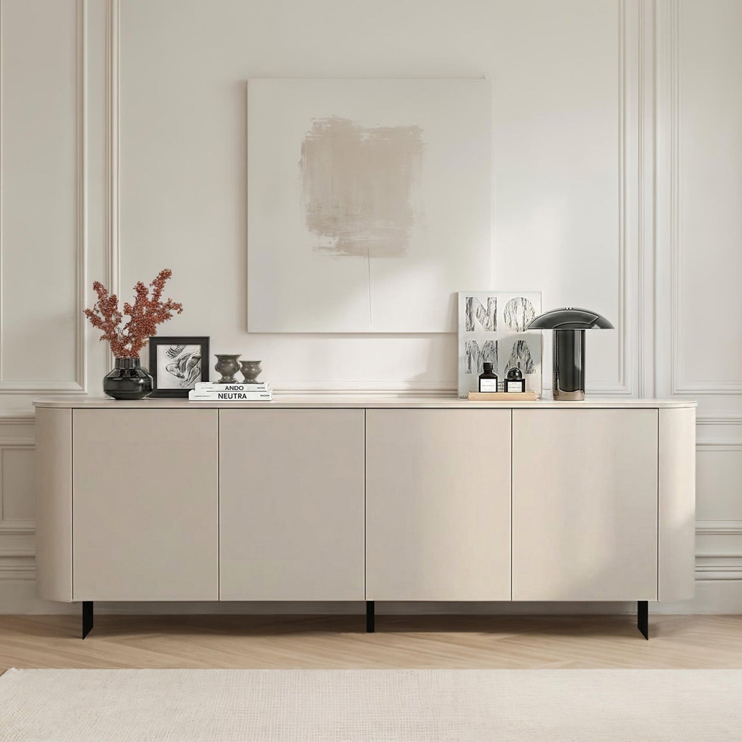Modern sideboard in a stylish living room with decor items.