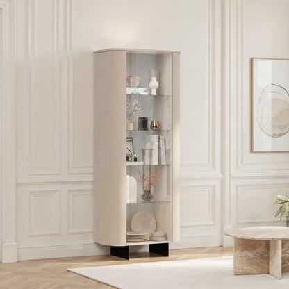 Modern living room with a tall glass cabinet, sofa, and decorative items.