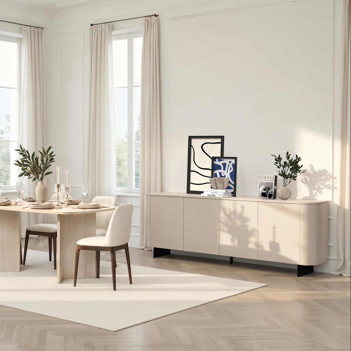 Modern dining room with light wood furniture and large windows.