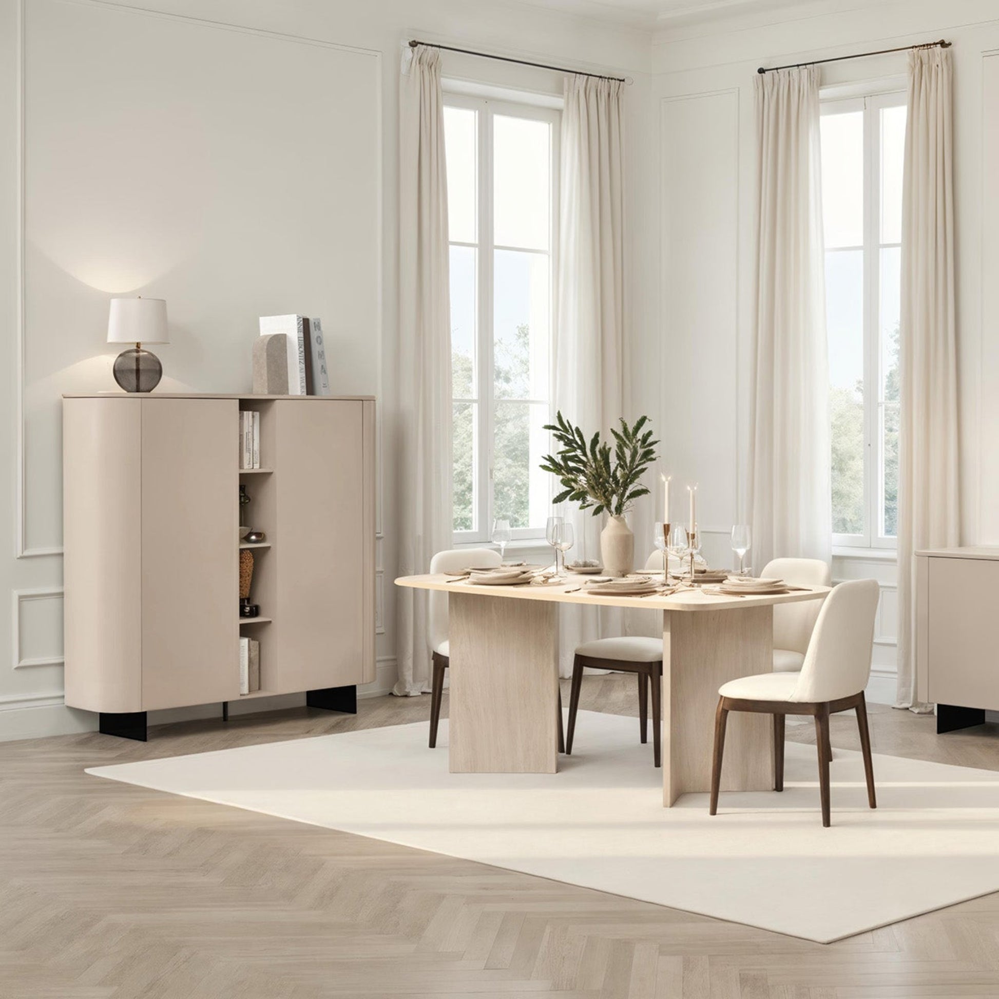 Modern dining room with light wood furniture and large windows.