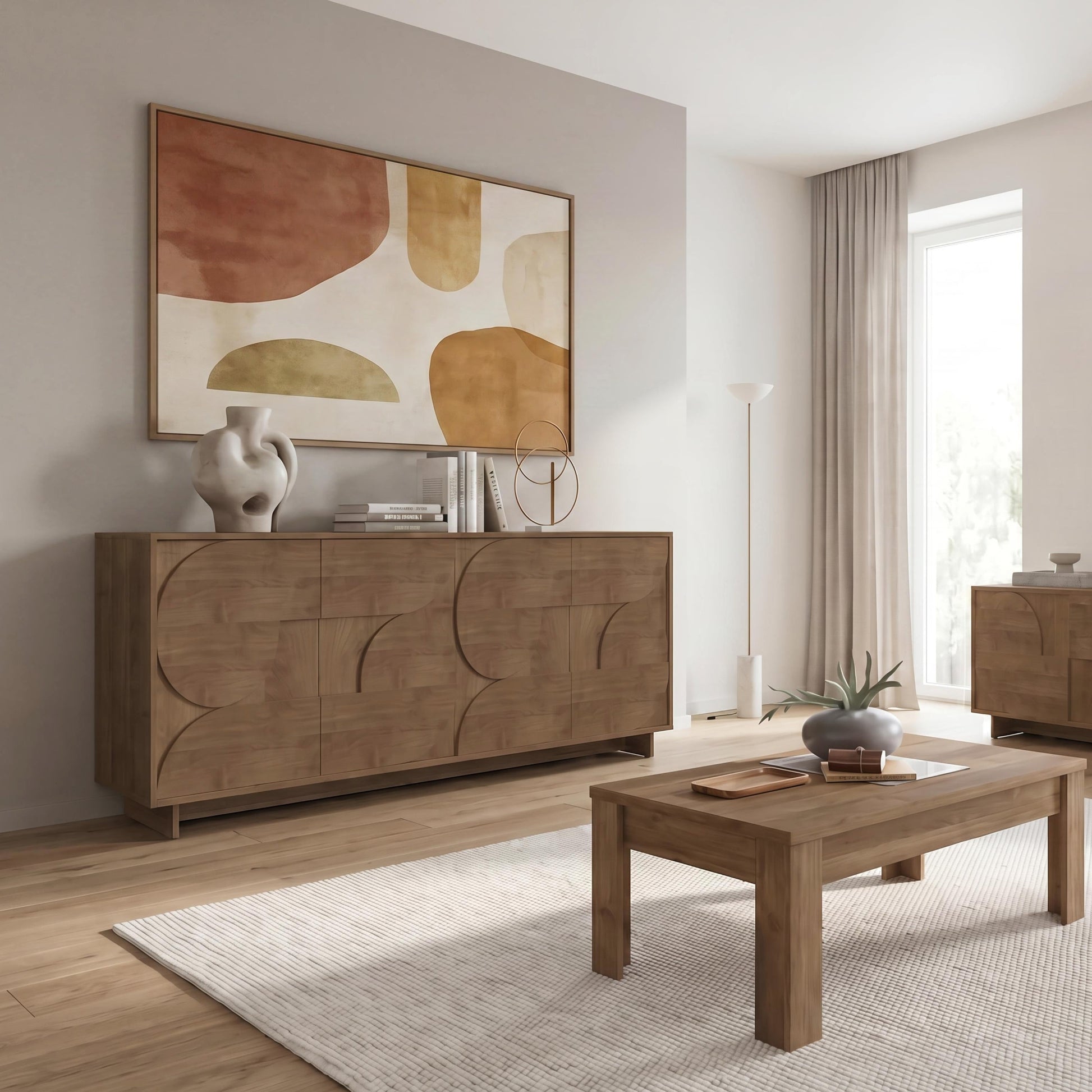 Modern living room with wooden furniture and decor