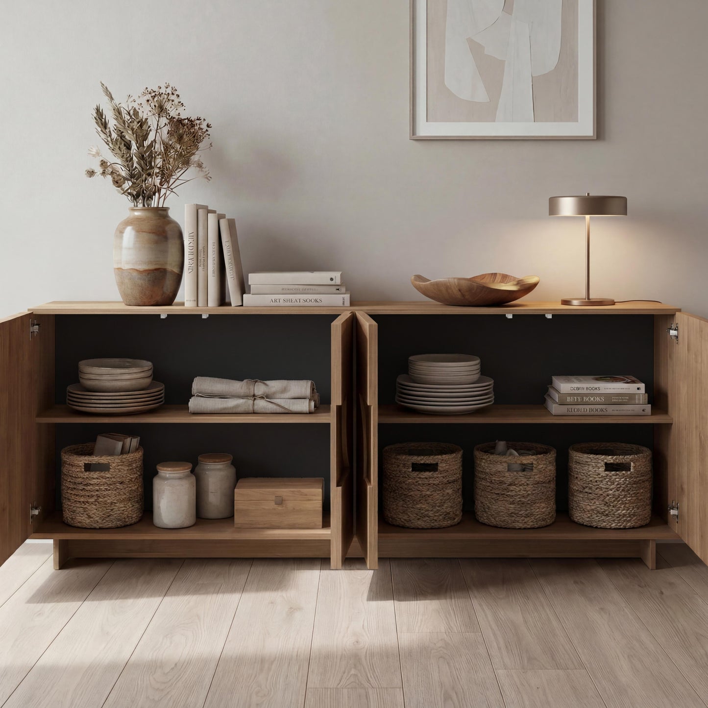 Wooden sideboard with decorative items in a room with a lamp and abstract art on the wall.