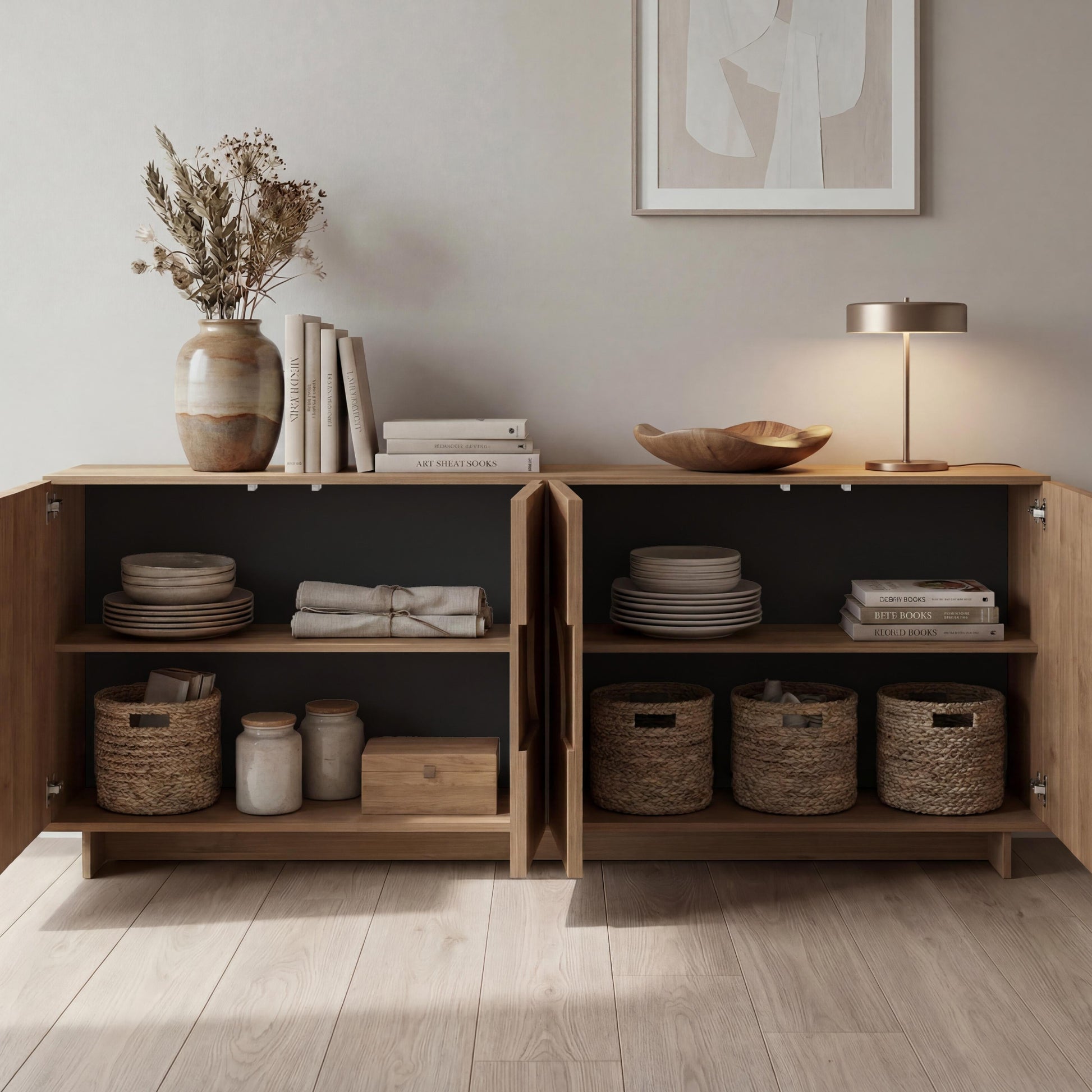 Wooden sideboard with decorative items in a room with a lamp and abstract art on the wall.