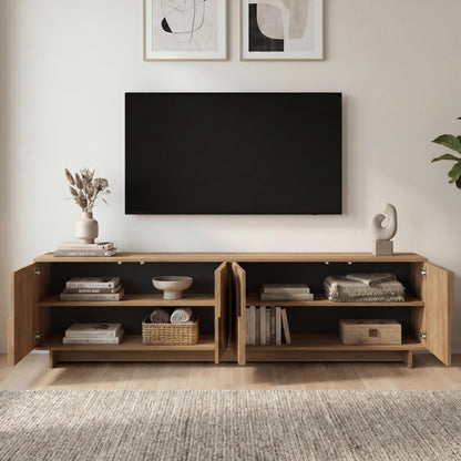 Wooden entertainment console with a television in a modern living room.