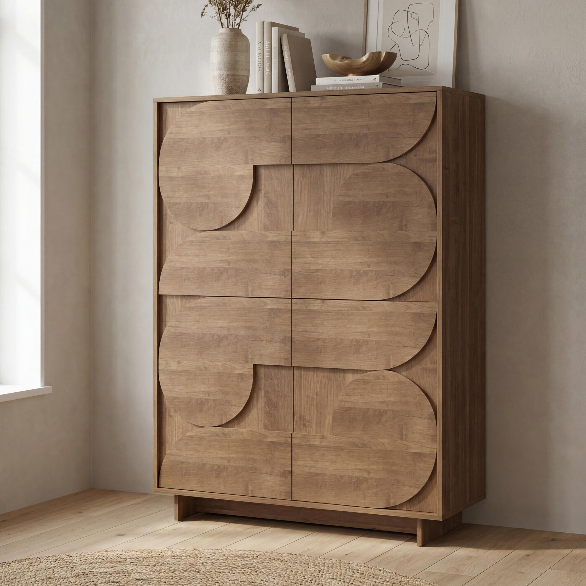 Wooden cabinet with abstract design in a room with a window and framed picture on the wall.