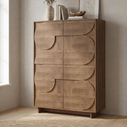 Wooden cabinet with abstract design in a room with a window and framed picture on the wall.