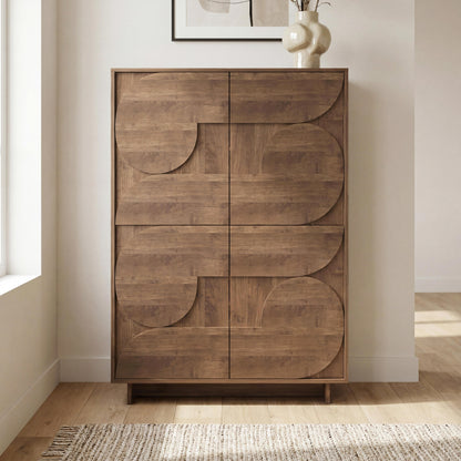 Wooden cabinet with abstract design in a room with a rug and wall art.