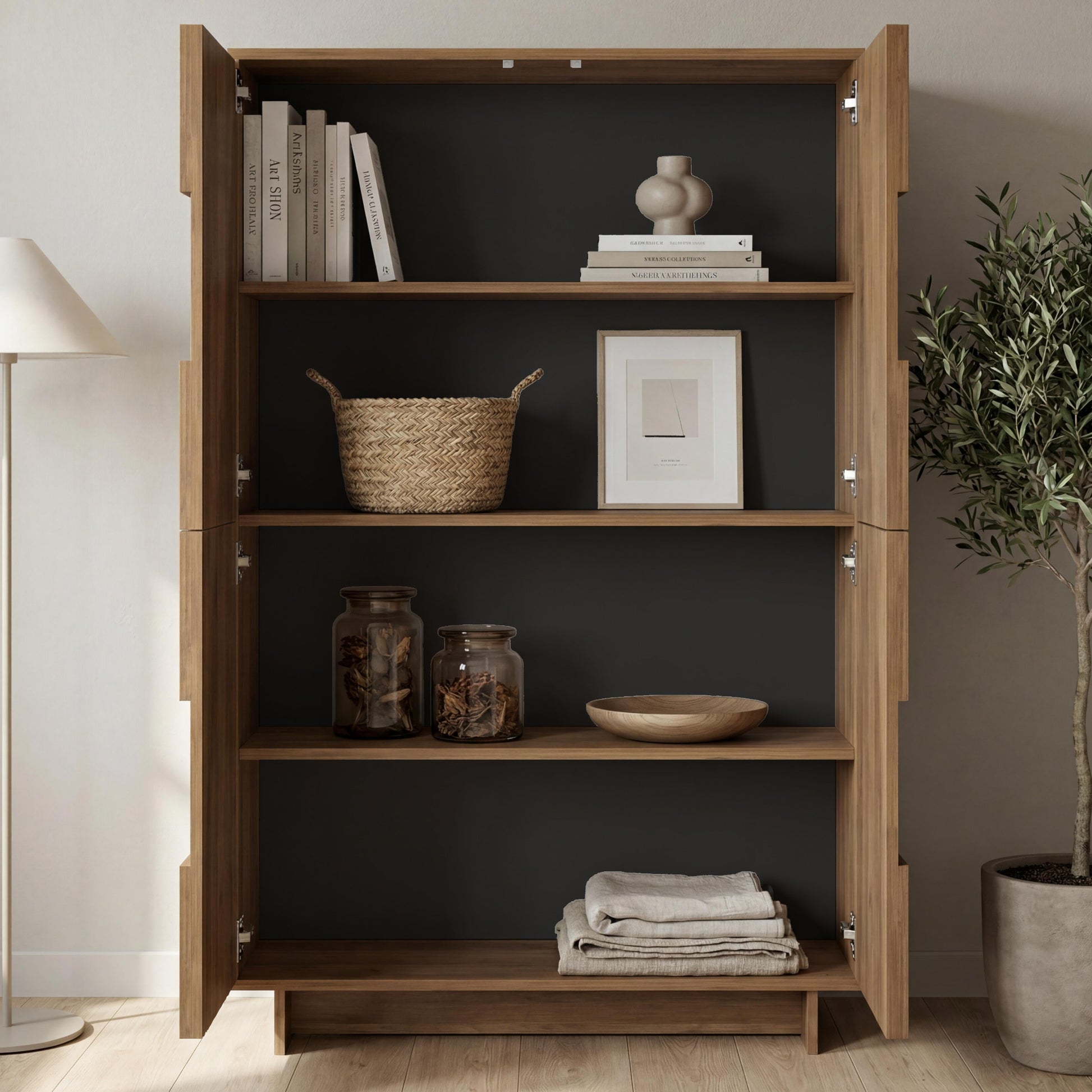 Wooden bookshelf with decorative items in a room setting