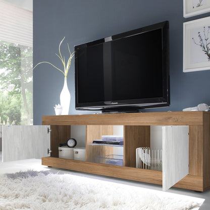 TV Stand, Two Door - Dark Oak and Matt White Finish