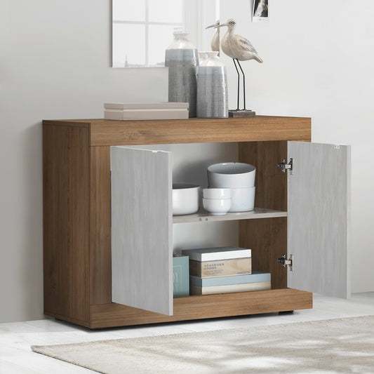 Wooden sideboard with open door displaying decor items in a room.