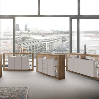 Rolo Sideboard, Three Drawers, Two Doors - Cashmere Taupe and Mercure Oak Finish