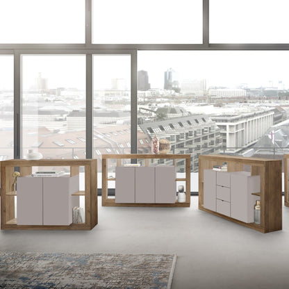 Rolo Sideboard, Three Door - Cashmere Taupe and Mercure Oak Finish