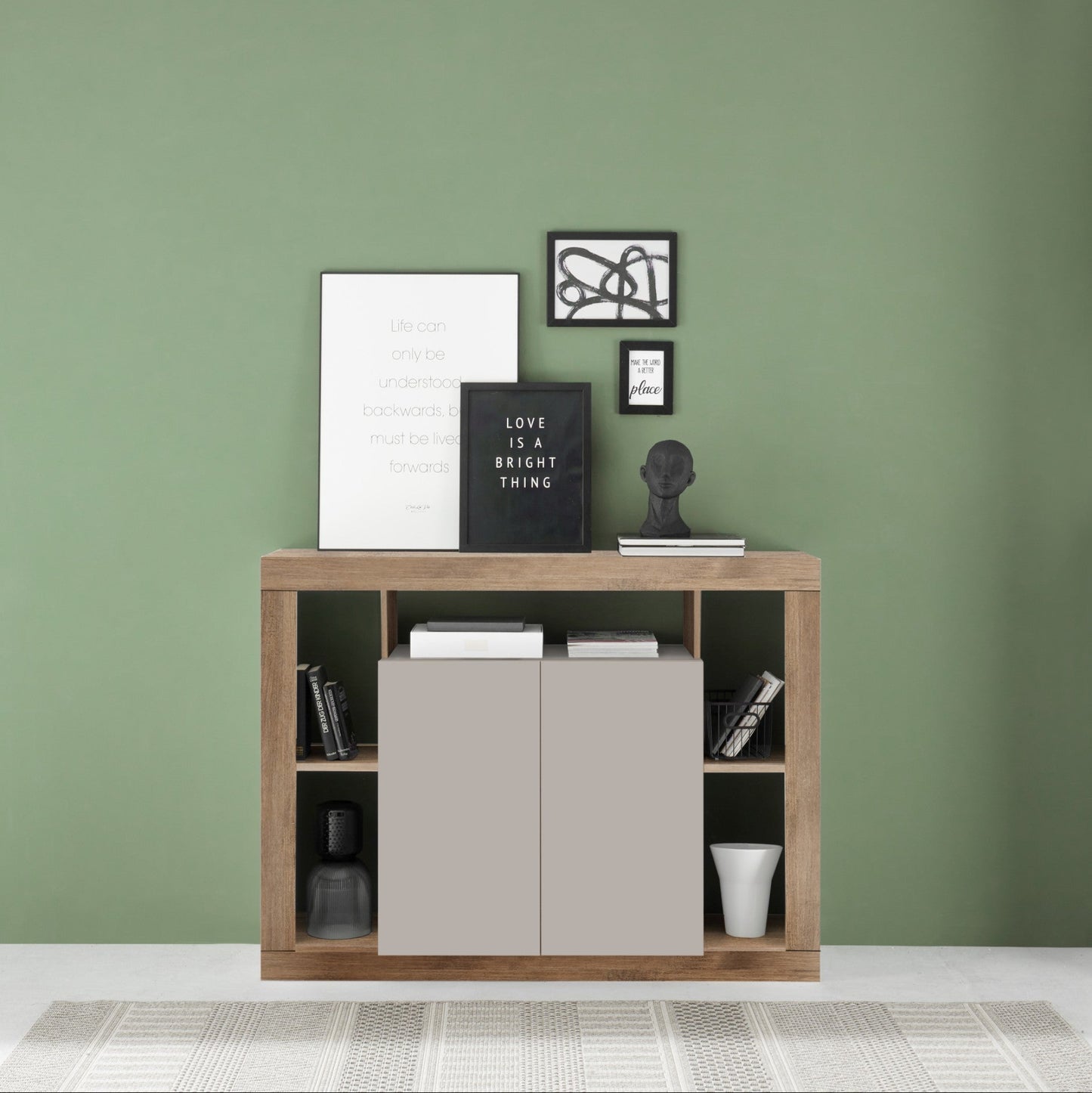 Rolo Sideboard, Two Door - Cashmere Taupe and Mercure Oak Finish