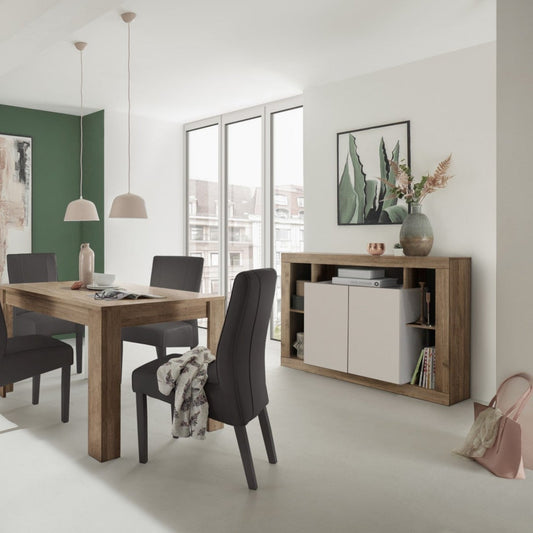 Rolo Sideboard, Two Door - Cashmere Taupe and Mercure Oak Finish