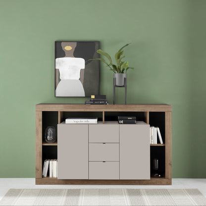 Rolo Sideboard, Three Drawers, Two Doors - Cashmere Taupe and Mercure Oak Finish