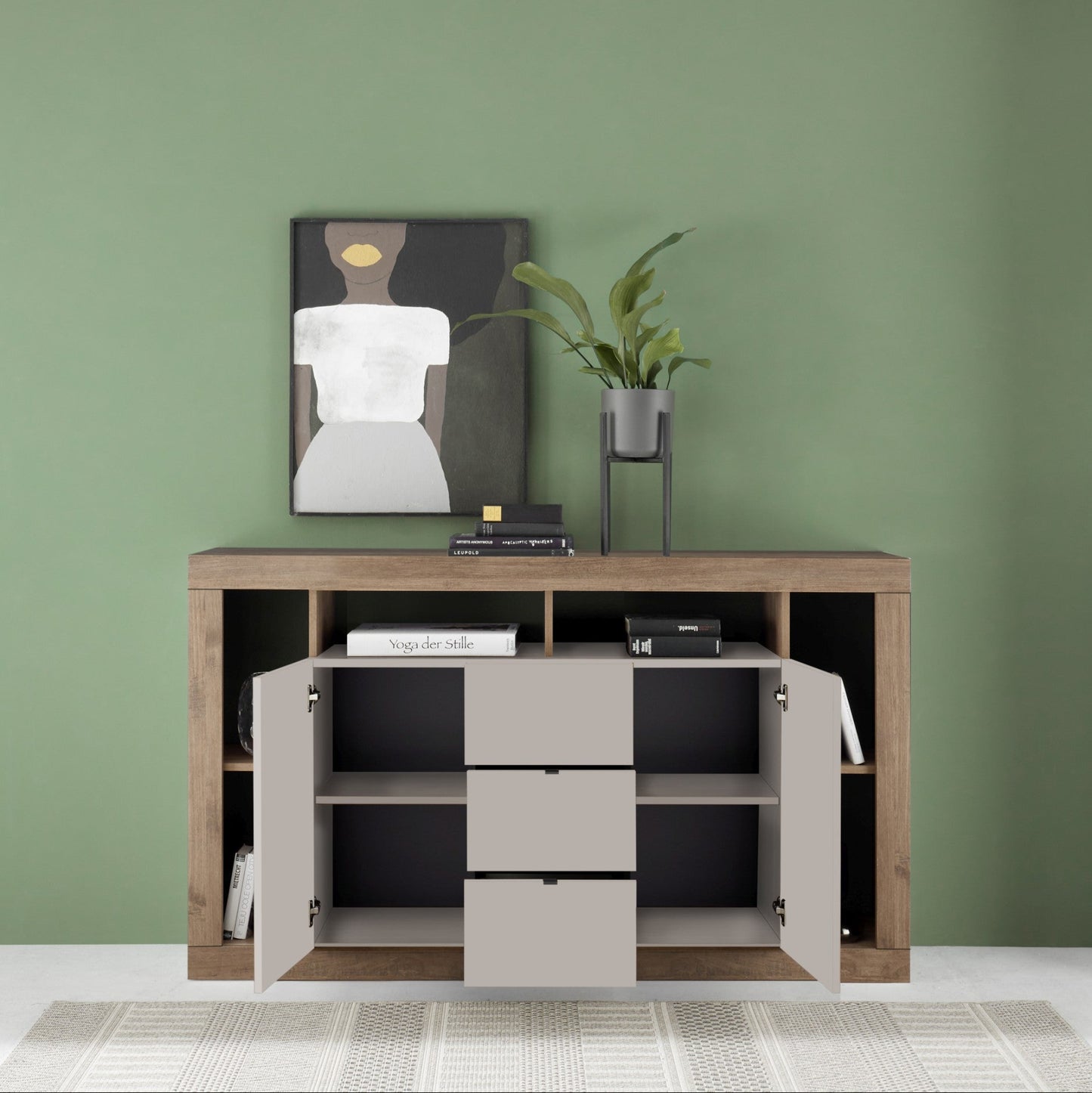 Rolo Sideboard, Three Drawers, Two Doors - Cashmere Taupe and Mercure Oak Finish