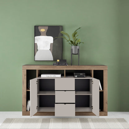 Rolo Sideboard, Three Drawers, Two Doors - Cashmere Taupe and Mercure Oak Finish
