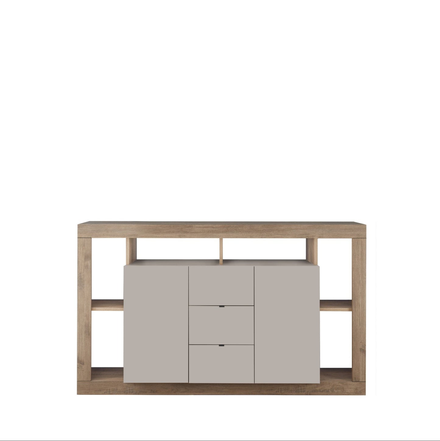 Rolo Sideboard, Three Drawers, Two Doors - Cashmere Taupe and Mercure Oak Finish