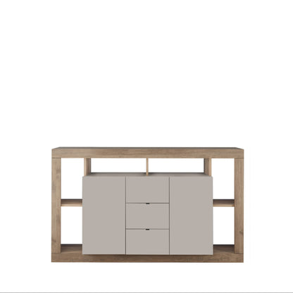 Rolo Sideboard, Three Drawers, Two Doors - Cashmere Taupe and Mercure Oak Finish