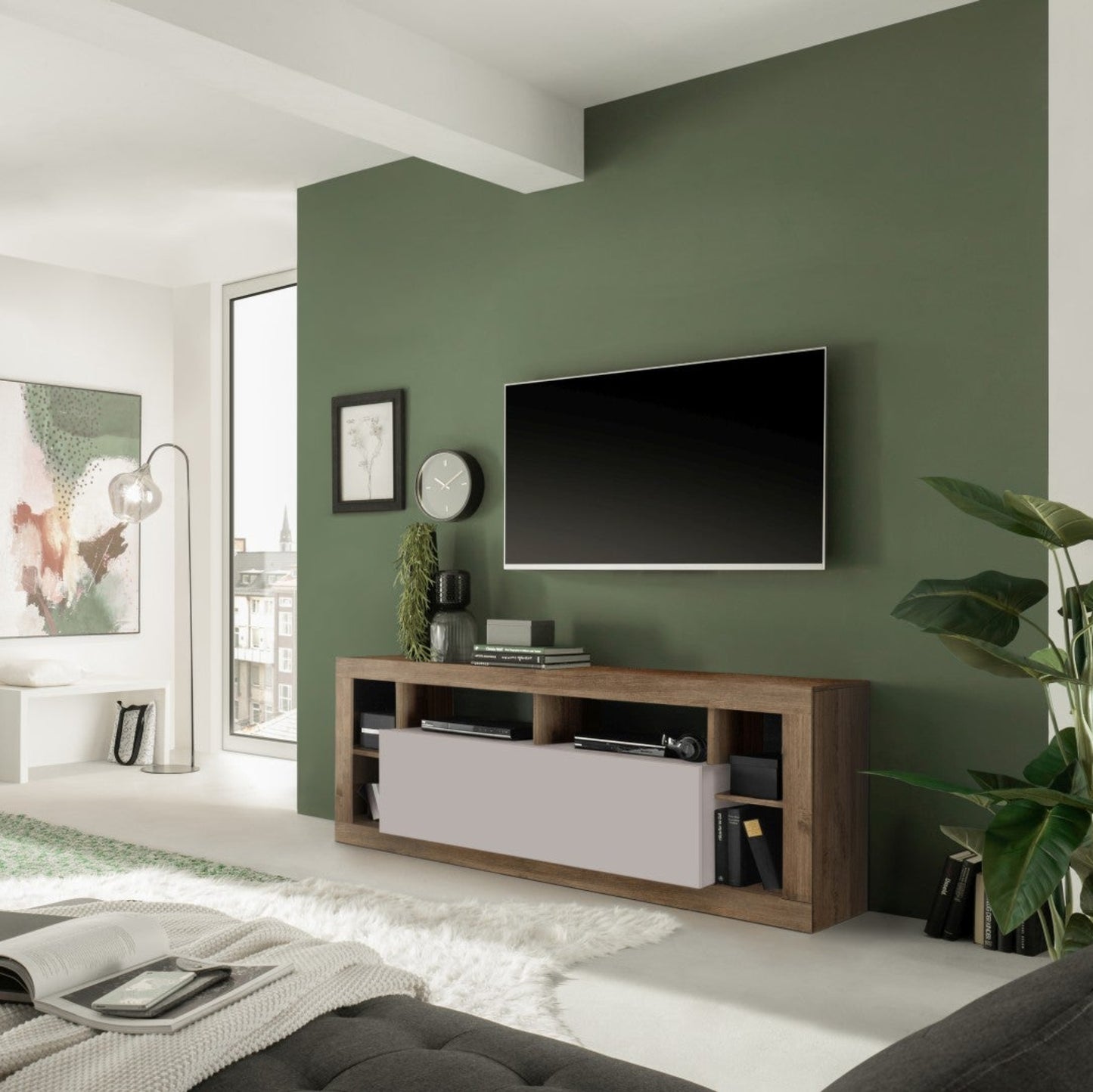 Rolo TV Stand, One Door - Cashmere Taupe and Mercure Oak Finish