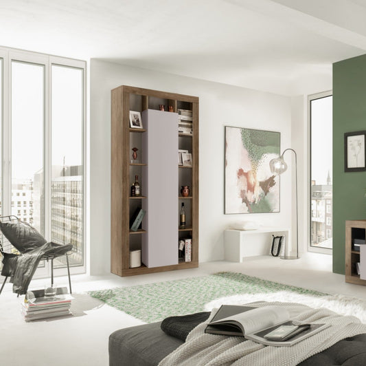 Rolo Bookcase and Storage, One Door - Cashmere Taupe and Mercure Oak Finish