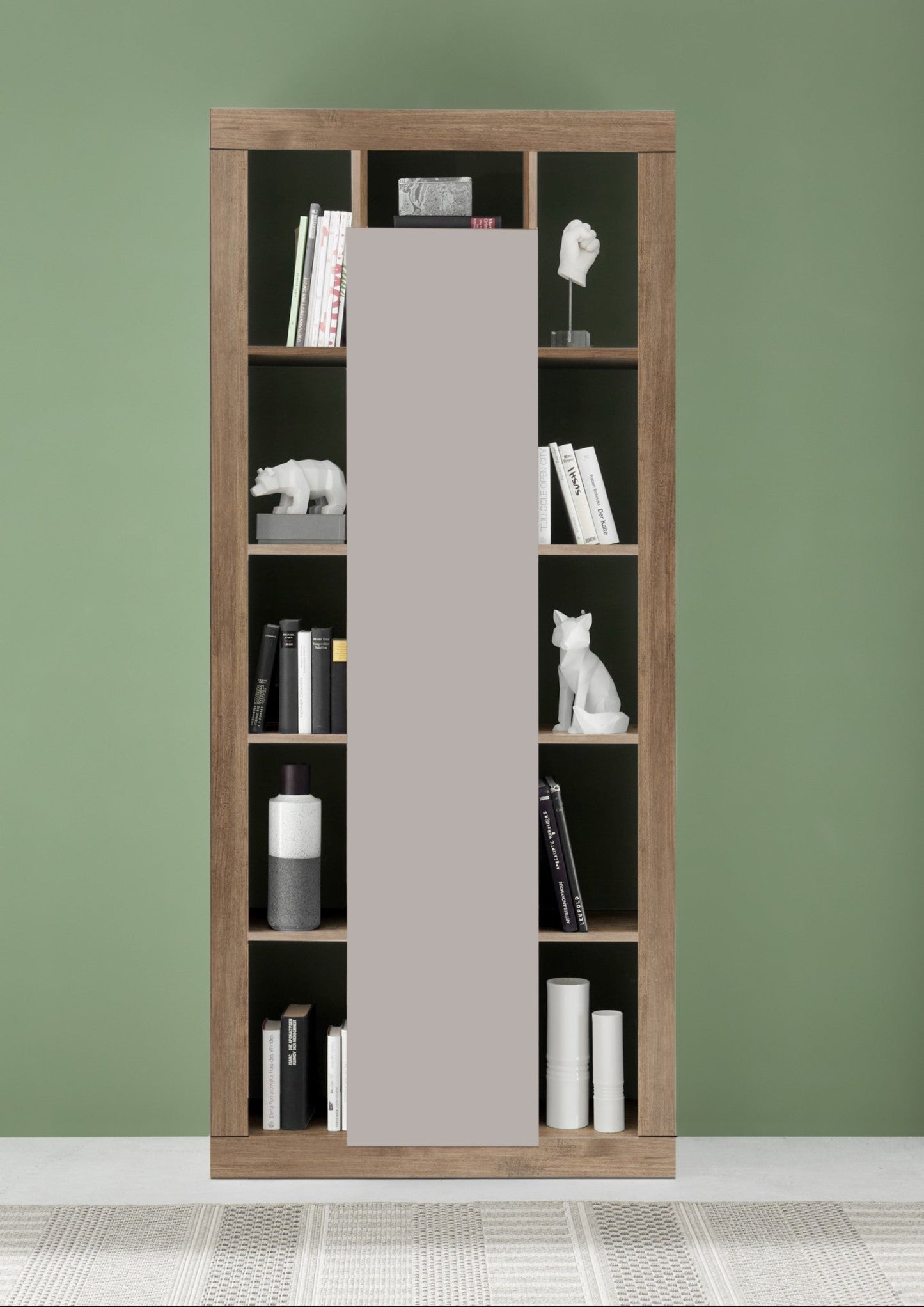 Rolo Bookcase and Storage, One Door - Cashmere Taupe and Mercure Oak Finish