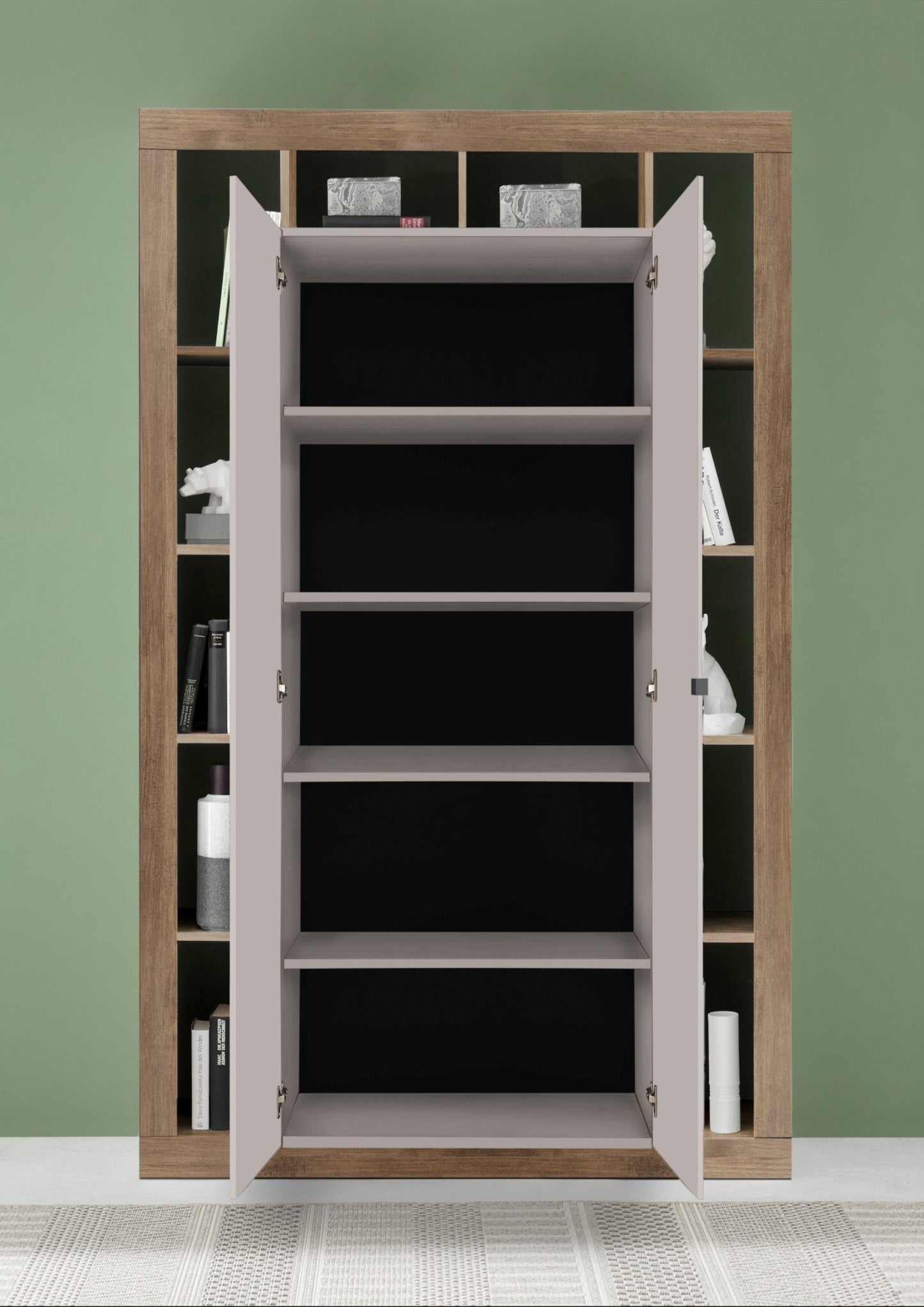 Rolo Bookcase, Two Doors - Cashmere Taupe and Mercure Oak Finish