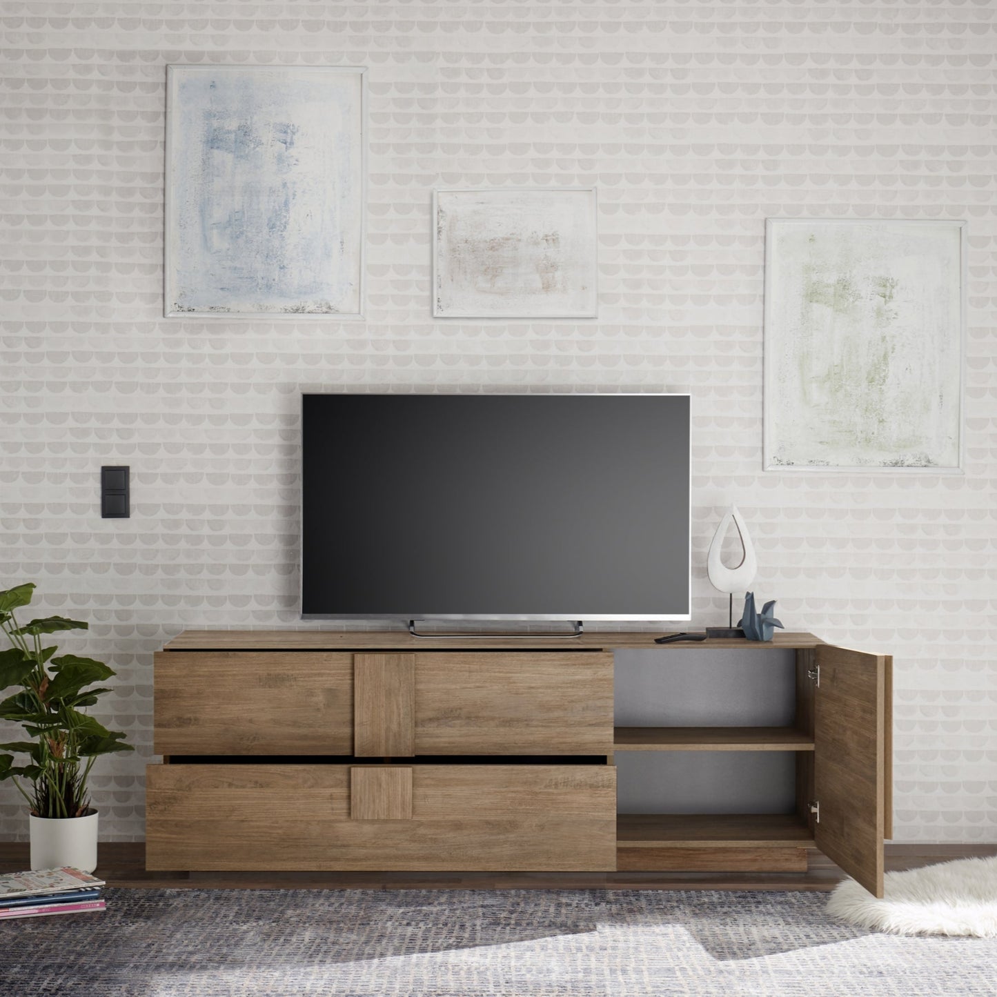 Jesolo Low Sideboard, Two Drawers, One Door - Mercure Oak Finish