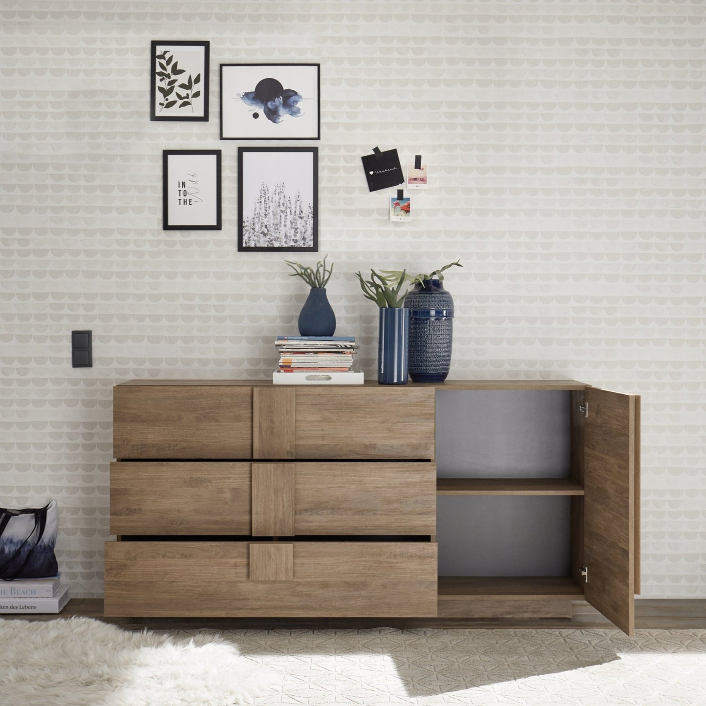Jesolo Sideboard, Three Drawers, One Door - Mercure Oak Finish