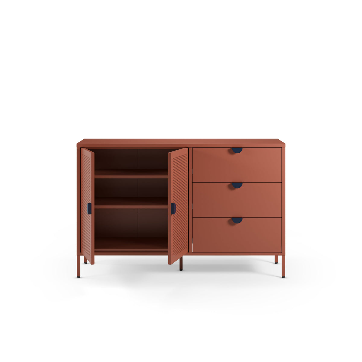 A modern terracotta-colored storage cabinet with three drawers on the right and two open doors showing shelves on the left, set against a plain white background.