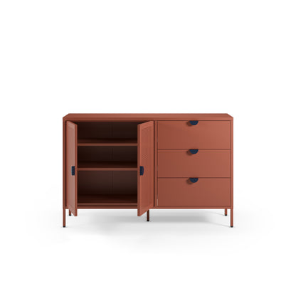 A modern terracotta-colored storage cabinet with three drawers on the right and two open doors showing shelves on the left, set against a plain white background.